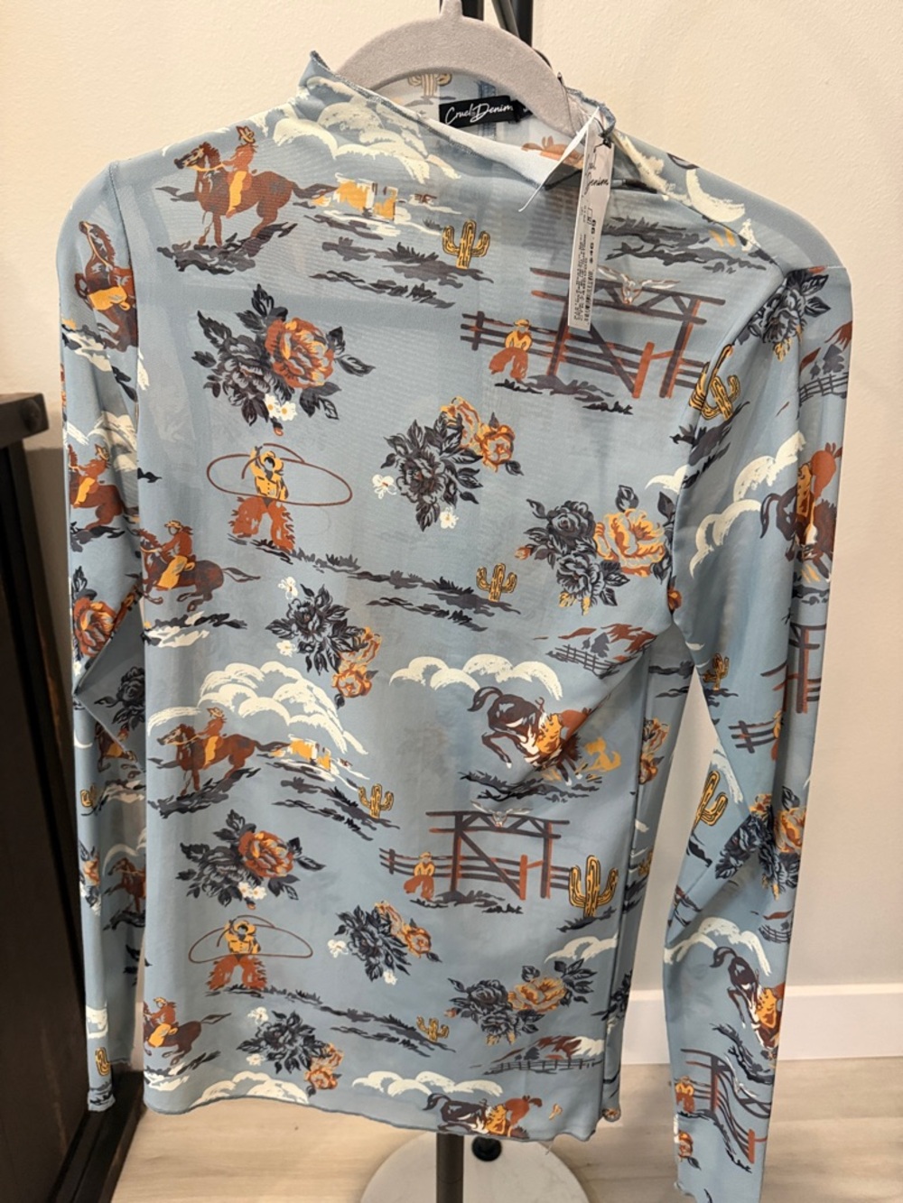 Coral Dawn Women's Blue Western-Print Long Sleeve Blouse